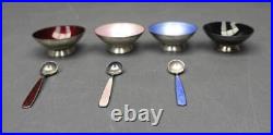 MEKA Sterling Silver Set 4 Vtg Enameled Salt Cellars Spoons Guilloche Denmark