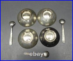 MEKA Sterling Silver Set 4 Vtg Enameled Salt Cellars Spoons Guilloche Denmark