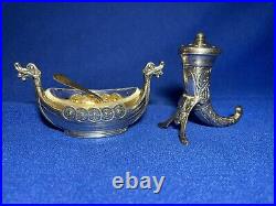 Magnus Aase Rare Antique Norway Sterling Viking Boat Salt Cellar &Horn Shaker