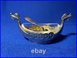 Magnus Aase Rare Antique Norway Sterling Viking Boat Salt Cellar &Horn Shaker