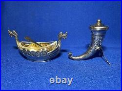 Magnus Aase Rare Antique Norway Sterling Viking Boat Salt Cellar &Horn Shaker