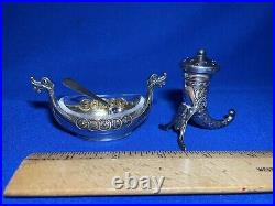 Magnus Aase Rare Antique Norway Sterling Viking Boat Salt Cellar &Horn Shaker