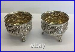 Mappin & Webb 1898 Antique Pair Of Solid Silver Salts Cellars Acorn & Overleaf