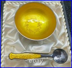 Meka Danish Salt Cellar with spoon. Sterling Silver Yellow Enamel Denmark Pair
