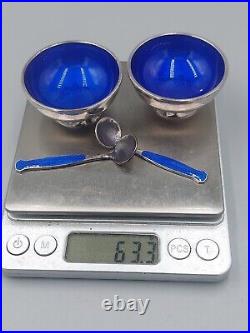 Meka Sterling Silver Salt Cellar Set With Blue Enamel Lining and Salt Spoon's 63g
