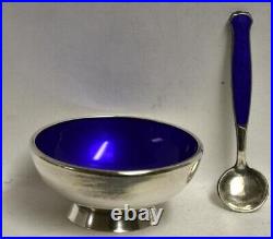 Meka Sterling Silver Salt Cellar with Blue Enamel Lining and Salt Spoon