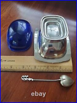 Meriden Sterling Silver Salt Cellar Dish Bowl w Spoon Cobalt Glass Insert 121.7g