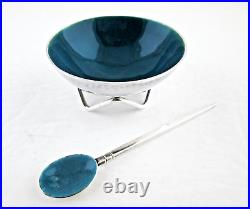 Modern Form Footed Enamel Sterling Silver Open Salt Cellar with Original Spoon