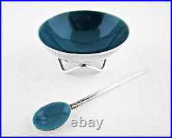 Modern Form Footed Enamel Sterling Silver Open Salt Cellar with Original Spoon