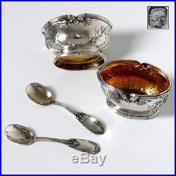Moucheront French Sterling Silver 18k Gold Salt Cellars Pair, Spoons, OriginBox