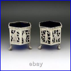 Nice Pair 1800s Dutch Silver Openwork Cobalt Glass Ball Claw Foot Salt Cellars