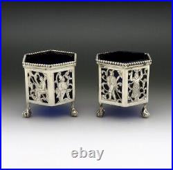 Nice Pair 1800s Dutch Silver Openwork Cobalt Glass Ball Claw Foot Salt Cellars