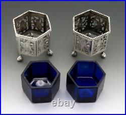 Nice Pair 1800s Dutch Silver Openwork Cobalt Glass Ball Claw Foot Salt Cellars