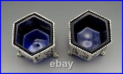 Nice Pair 1800s Dutch Silver Openwork Cobalt Glass Ball Claw Foot Salt Cellars