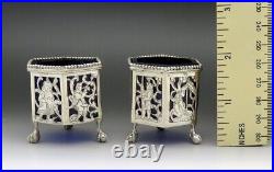 Nice Pair 1800s Dutch Silver Openwork Cobalt Glass Ball Claw Foot Salt Cellars