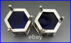 Nice Pair 1800s Dutch Silver Openwork Cobalt Glass Ball Claw Foot Salt Cellars