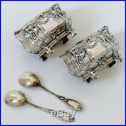 Noiret French Sterling Silver 18k Gold Salt Cellars Pair, Spoons, Original Box