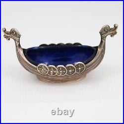 Norway Sterling Silver Salt Cellar Ship Marked Blue Glass Theodor Olsen Designer