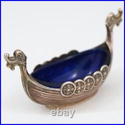 Norway Sterling Silver Salt Cellar Ship Marked Blue Glass Theodor Olsen Designer