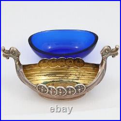 Norway Sterling Silver Salt Cellar Ship Marked Blue Glass Theodor Olsen Designer