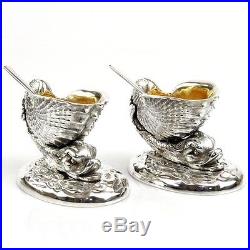 Novelty English Silver Plated Fish & Conch Shell Salt Cellars & Spoons
