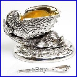 Novelty English Silver Plated Fish & Conch Shell Salt Cellars & Spoons