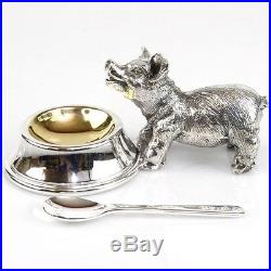 Novelty Pair Of English Silver Plated Pig Shape Salt Cellars & Spoons