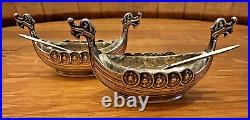 Novelty Silver Viking Ships Norwegian 830S Salt Cellars Glass Inserts Spoons