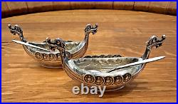 Novelty Silver Viking Ships Norwegian 830S Salt Cellars Glass Inserts Spoons