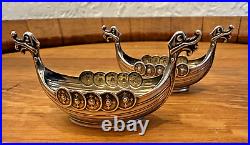 Novelty Silver Viking Ships Norwegian 830S Salt Cellars Glass Inserts Spoons