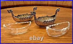 Novelty Silver Viking Ships Norwegian 830S Salt Cellars Glass Inserts Spoons