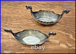 Novelty Silver Viking Ships Norwegian 830S Salt Cellars Glass Inserts Spoons