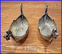 Novelty Silver Viking Ships Norwegian 830S Salt Cellars Glass Inserts Spoons