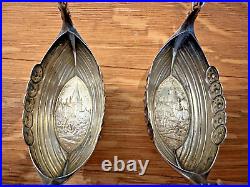 Novelty Silver Viking Ships Norwegian 830S Salt Cellars Glass Inserts Spoons