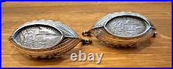 Novelty Silver Viking Ships Norwegian 830S Salt Cellars Glass Inserts Spoons