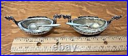 Novelty Silver Viking Ships Norwegian 830S Salt Cellars Glass Inserts Spoons