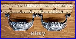 Novelty Silver Viking Ships Norwegian 830S Salt Cellars Glass Inserts Spoons