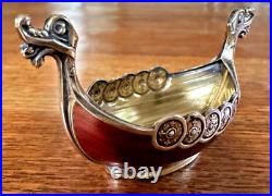 Novelty Vintage Sterling Silver Norwegian Red Enamel Viking Ship Salt Cellar