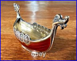 Novelty Vintage Sterling Silver Norwegian Red Enamel Viking Ship Salt Cellar