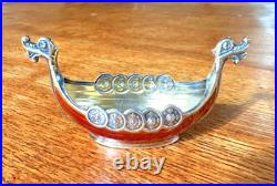 Novelty Vintage Sterling Silver Norwegian Red Enamel Viking Ship Salt Cellar