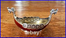 Novelty Vintage Sterling Silver Norwegian Red Enamel Viking Ship Salt Cellar