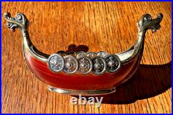 Novelty Vintage Sterling Silver Norwegian Red Enamel Viking Ship Salt Cellar