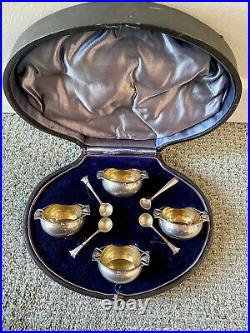 ON SALE English Sterling Silver Gilt Salt Cellars Spoons Boxed Set