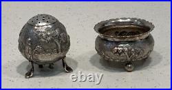 Old Asian Thai Water Buffalo Thatched Hut Coin Silver Salt Cellar Pepper Shaker
