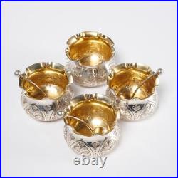 Old Engraved Silver Plate Open Salt Cellar Bowls Boxed Set of 4 READ