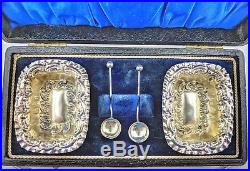 Original Antique Case with English Sterling Silver Salt Cellars and Spoons