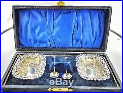 Original Antique Case with English Sterling Silver Salt Cellars and Spoons