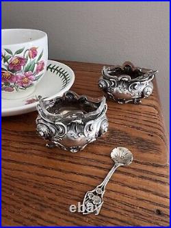 Ornate Rococo PAIR 2 Victorian FRENCH 950 Sterling SILVER Salt DISHES & Spoons