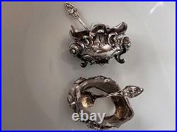 Ornate Rococo PAIR 2 Victorian FRENCH 950 Sterling SILVER Salt DISHES & Spoons