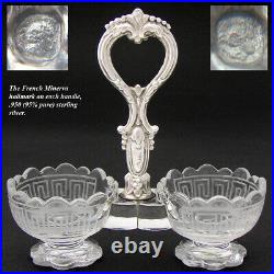 PAIR Antique French Sterling Silver & Intaglio Glass Double Open Salt Caddies